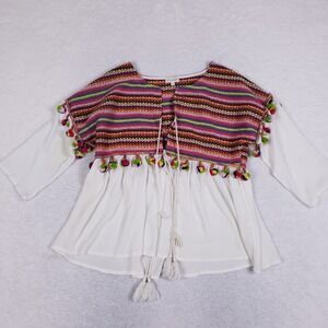 VELZERA Blouse 3XL Boho Embroidered Print Pom Pom Tassel Tie Peplum White